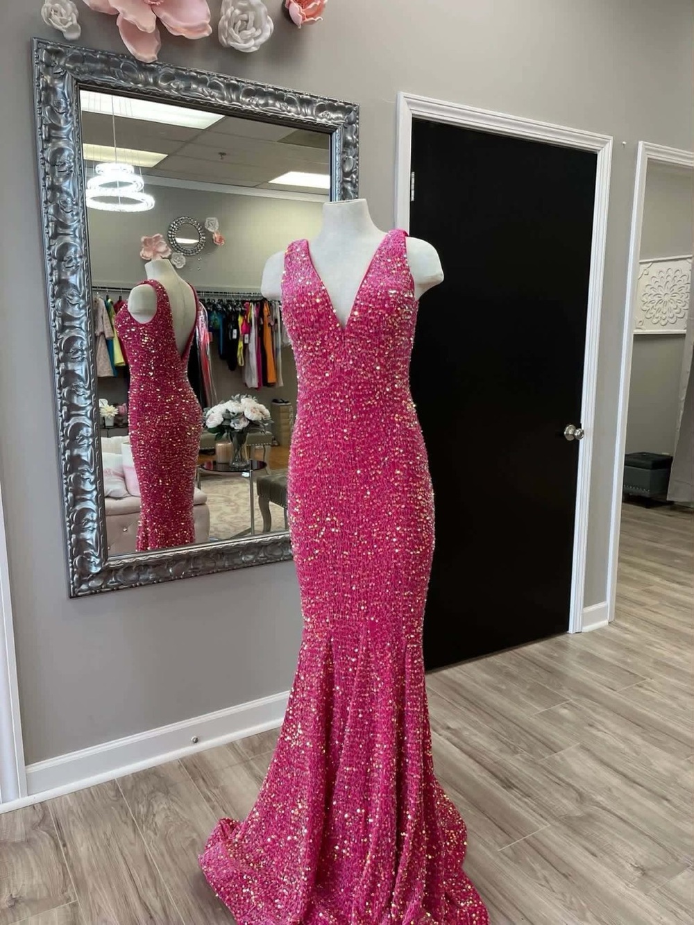 Fuchsia Sequin V-Neck Mermaid Prom Dress